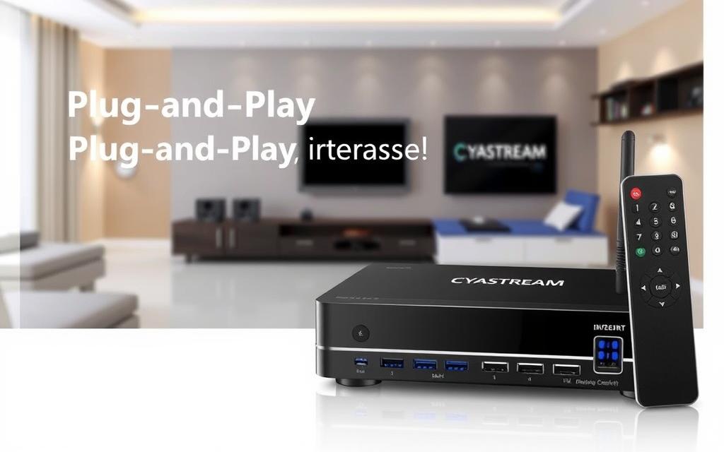 A sleek and modern IPTV setup with the CYASTREAM brand prominently displayed. In the foreground, a high-tech media center with multiple ports and connections, showcasing the plug-and-play capabilities. The middle ground features a minimalist remote control, seamlessly integrated into the setup. In the background, a clean and contemporary living room setting, with subtle lighting that enhances the premium, high-quality feel of the IPTV system. The overall scene conveys a sense of effortless, hassle-free streaming experience, perfectly aligning with the "Plug-and-Play Streaming & Zero Buffering!" theme.