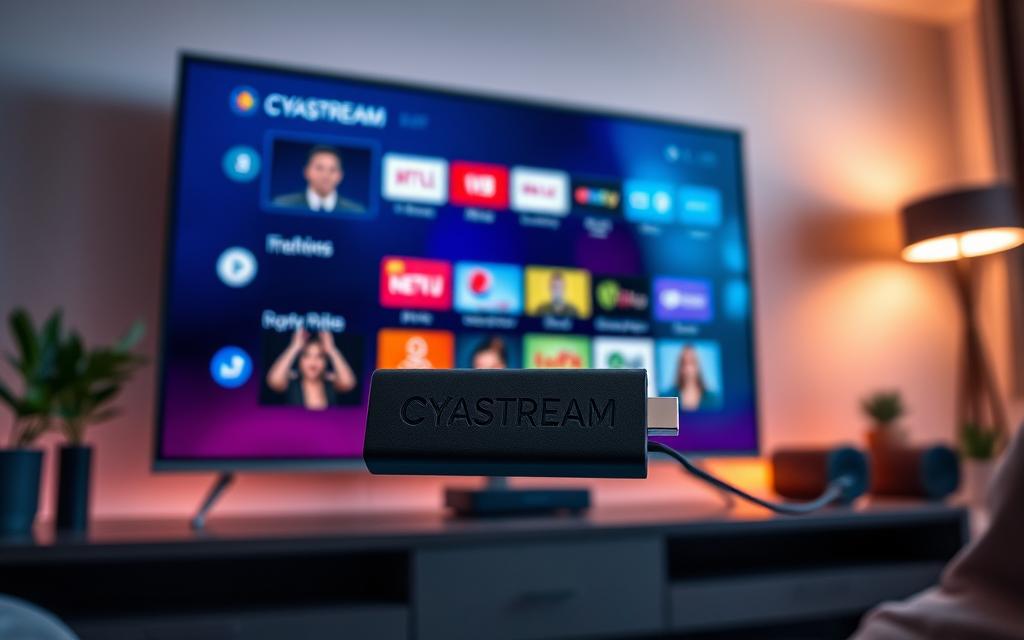 A modern, high-end home entertainment setup featuring a CYASTREAM IPTV device deftly integrated into a sleek Firestick. The screen displays a crisp, vibrant interface with intuitive menus and a wide selection of premium channels. Ambient lighting creates a cozy, immersive atmosphere, while strategic camera angles showcase the seamless integration of the IPTV solution. The overall scene conveys a sense of advanced technology, convenience, and a premium, high-quality home media experience.