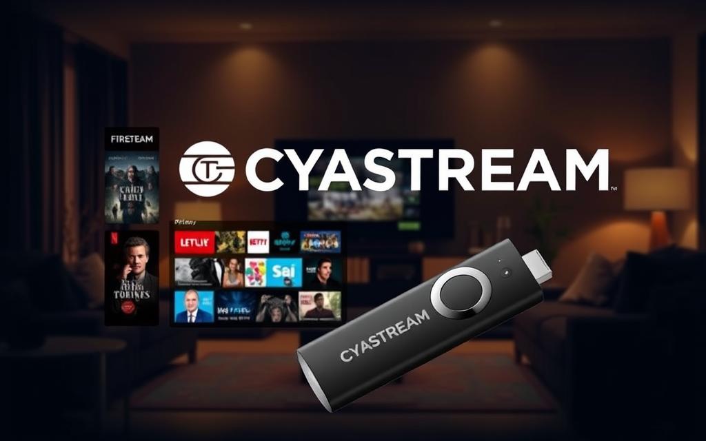 A sophisticated and visually captivating image of the CYASTREAM IPTV app for Amazon Firestick. The app's clean, intuitive interface is prominently displayed, showcasing its user-friendly design and vast content library. The Firestick device is rendered in high detail, integrating seamlessly with the CYASTREAM branding and UI elements. The background features a warm, cozy living room setting, with subtle lighting and atmospheric elements that evoke a sense of comfort and entertainment. The overall composition conveys the ease and convenience of using CYASTREAM on a Firestick, making it the ideal IPTV solution for streaming enthusiasts.