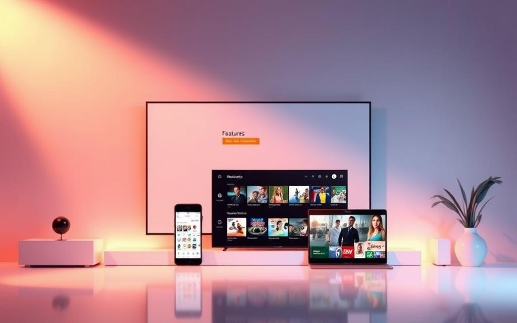 An elegant and modern illustration of the CYASTREAM IPTV Smarters app features. Set against a sleek, minimalist backdrop, the app's intuitive user interface is prominently displayed, showcasing its seamless navigation, content library, and multi-device compatibility. The scene is bathed in warm, directional lighting, creating a inviting and visually appealing atmosphere. The overall composition emphasizes the app's user-centric design and its ability to enhance the IPTV viewing experience. The image conveys the app's rising popularity and its potential to revolutionize the way users access and enjoy their favorite IPTV content.