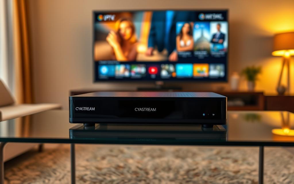 A sleek and modern CYASTREAM set-top box rests on a minimalist glass table, its clean lines and dark finish accentuating the device's premium aesthetic. The living room beyond is bathed in warm, soft lighting, creating a cozy and inviting atmosphere. The screen displays vibrant, high-definition IPTV content, free from any buffering or interruptions, immersing the viewer in a seamless entertainment experience. The overall scene conveys a sense of technological sophistication and the convenience of a buffering-free IPTV solution that elevates the home entertainment experience.