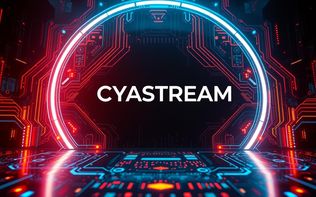 A striking, cinematic image of the CYASTREAM logo and brand identity. Showcase the CYASTREAM wordmark prominently in the center, with a clean, modern typeface against a sleek, high-tech backdrop. Surround the logo with a dynamic array of glowing digital elements, such as futuristic circuit boards, holographic displays, and pulsing data streams. Bathe the entire scene in warm, saturated lighting that conveys a sense of premium quality and advanced technology. Capture the image from a slightly low angle to lend an air of authority and sophistication. Imbue the overall composition with a glossy, high-end aesthetic that aligns with the premium positioning of the CYASTREAM IPTV Smarters subscription service.