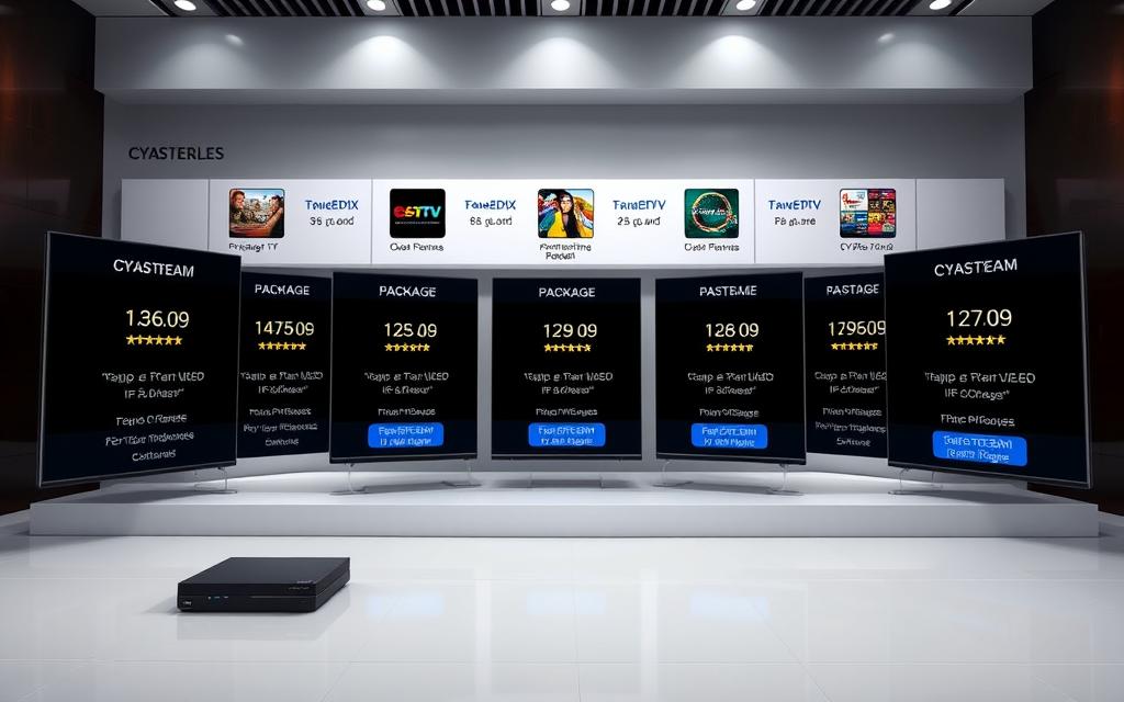 A highly detailed, photorealistic image of the CYASTREAM IPTV Smarters subscription packages featuring their comprehensive features. The image showcases a sleek, modern interface with various package options, channel lineups, and service details prominently displayed. The layout is clean and organized, with a focus on showcasing the versatility and high-quality content available through the CYASTREAM platform. The lighting is soft and natural, creating a professional and visually appealing atmosphere. The camera angle is slightly elevated, providing an overview of the entire package offering. The overall mood is one of sophistication and reliability, highlighting CYASTREAM as a premier IPTV service provider.