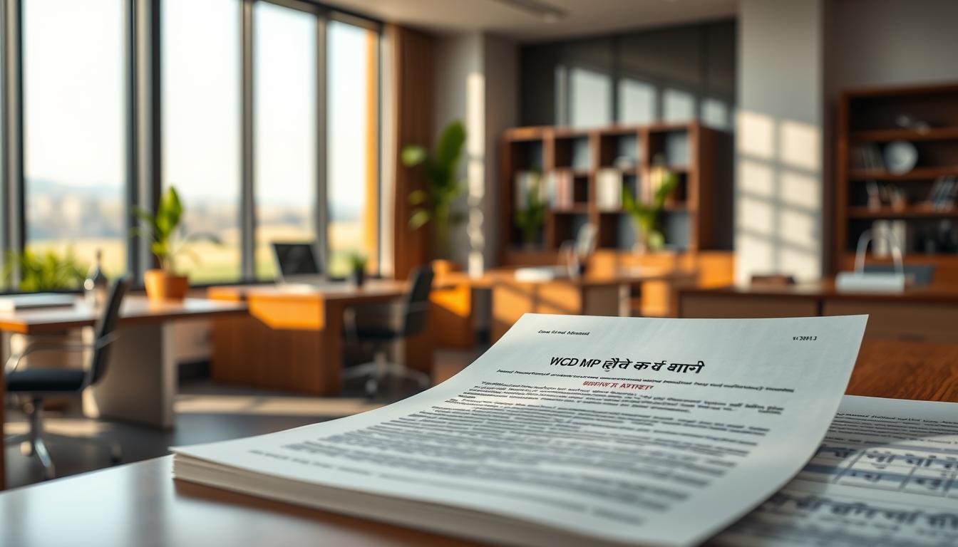 A highly detailed, hyper-realistic illustration of the &quot;WCD MP आंगनवाड़ी भर्ती पात्रता मानदंड&quot; document, shot with a professional-grade DSLR camera in natural daylight. The foreground features the document itself, its pages crisply rendered with legible text and graphics. The middle ground showcases the specific section titled &quot;पात्रता मानदंड और योग्यता आवश्यकताएं&quot;, highlighted with a subtle depth-of-field blur. The background depicts a clean, minimalist office setting with wooden desks, potted plants, and a large window overlooking a serene outdoor landscape, creating a sense of professionalism and authority. The overall mood is one of informative clarity and institutional credibility.