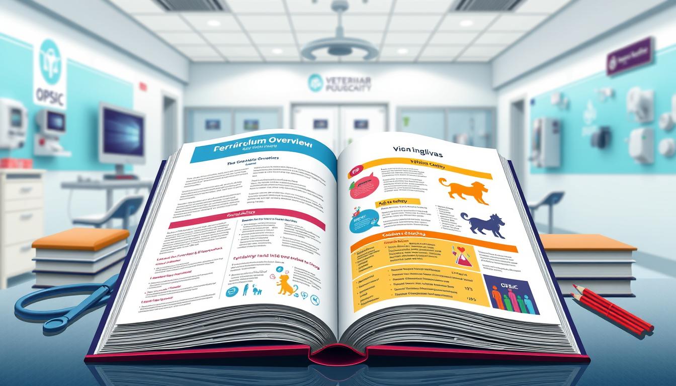 A detailed, colorful illustration of the curriculum overview for the Veterinary Assistant Surgeon (VAS) program, set against a backdrop of a modern medical clinic. The foreground features a large open book with the OPSC VAS curriculum information displayed in a clear, organized layout, with vivid infographic elements highlighting key topics and subject areas. The middle ground showcases medical equipment and tools relevant to the VAS role, arranged in a visually appealing manner. The background depicts a professional clinic environment, with clean, well-lit interiors and subtle branding elements. The overall composition conveys a sense of authority, education, and the high-quality training provided by the OPSC VAS program.