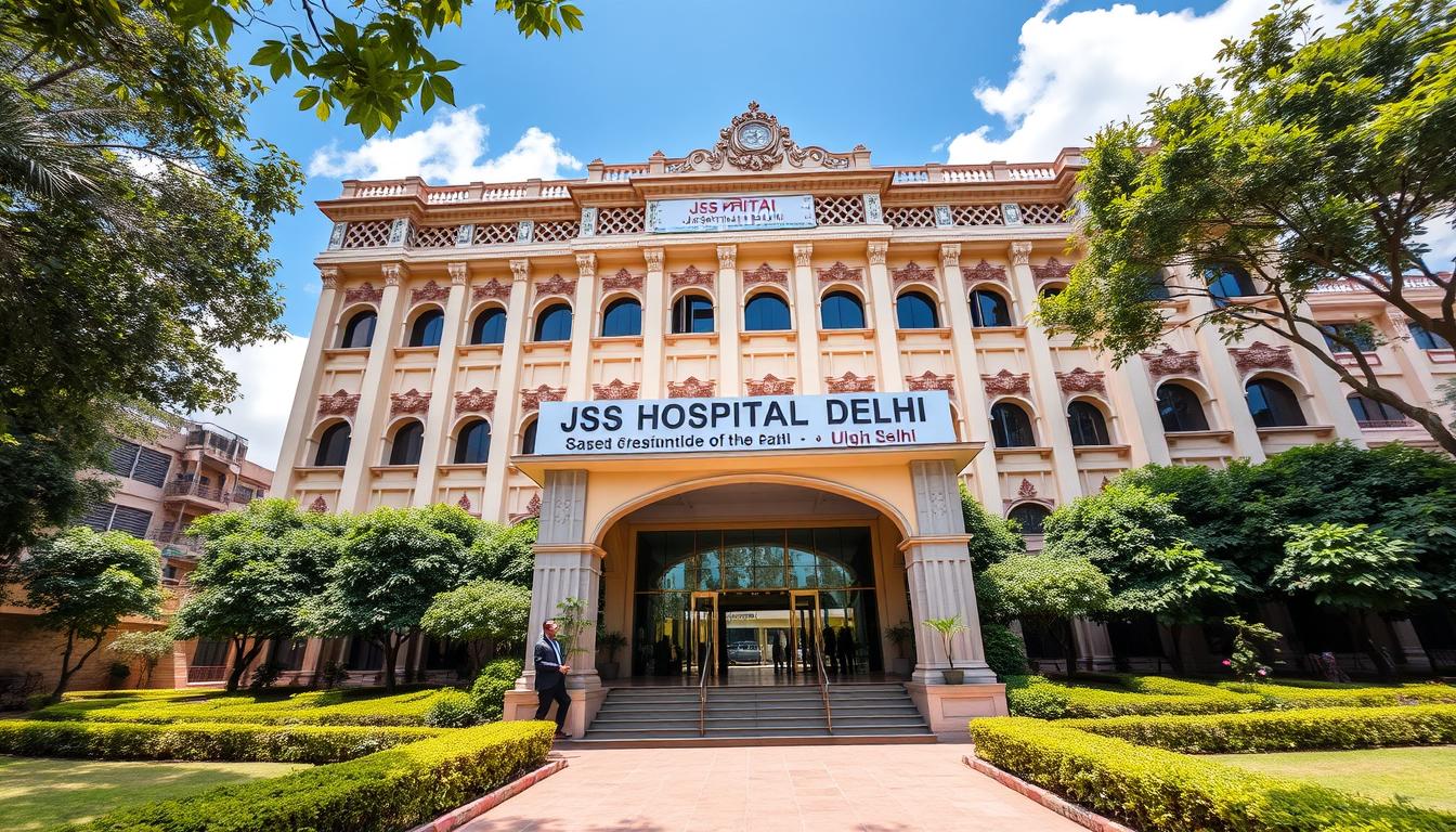 A majestic multi-story building with a prominent signage reading "JSS HOSPITAL DELHI" in Hindi and English, set against a backdrop of lush greenery and a clear blue sky. The architecture features a blend of modern and traditional elements, with intricate carvings and arches adorning the façade. The entrance is flanked by neatly landscaped gardens, welcoming visitors to the renowned healthcare institution. Sunlight filters through the large windows, creating a warm and inviting atmosphere. The scene conveys a sense of professionalism, excellence, and a commitment to providing high-quality medical services to the community.