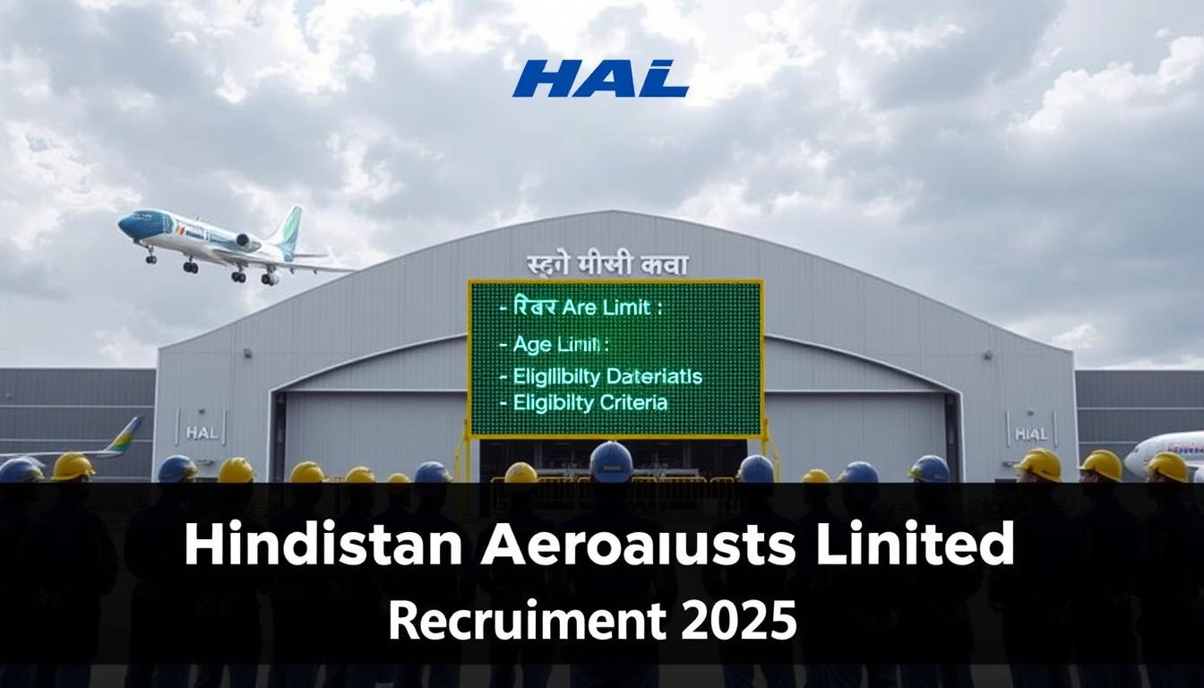 A detailed and well-lit illustration of the &quot;आयु सीमा और छूट&quot; section of the &quot;Hindustan Aeronautics Limited Recruitment 2025&quot; article. The foreground depicts a group of workers in aeronautics uniforms standing in front of a large, modern aircraft hangar. In the middle ground, a digital display shows the age limit and eligibility criteria for the recruitment drive. The background features a cloudy sky with the HAL logo prominently visible. The overall tone is professional, technical, and informative, reflecting the subject matter.