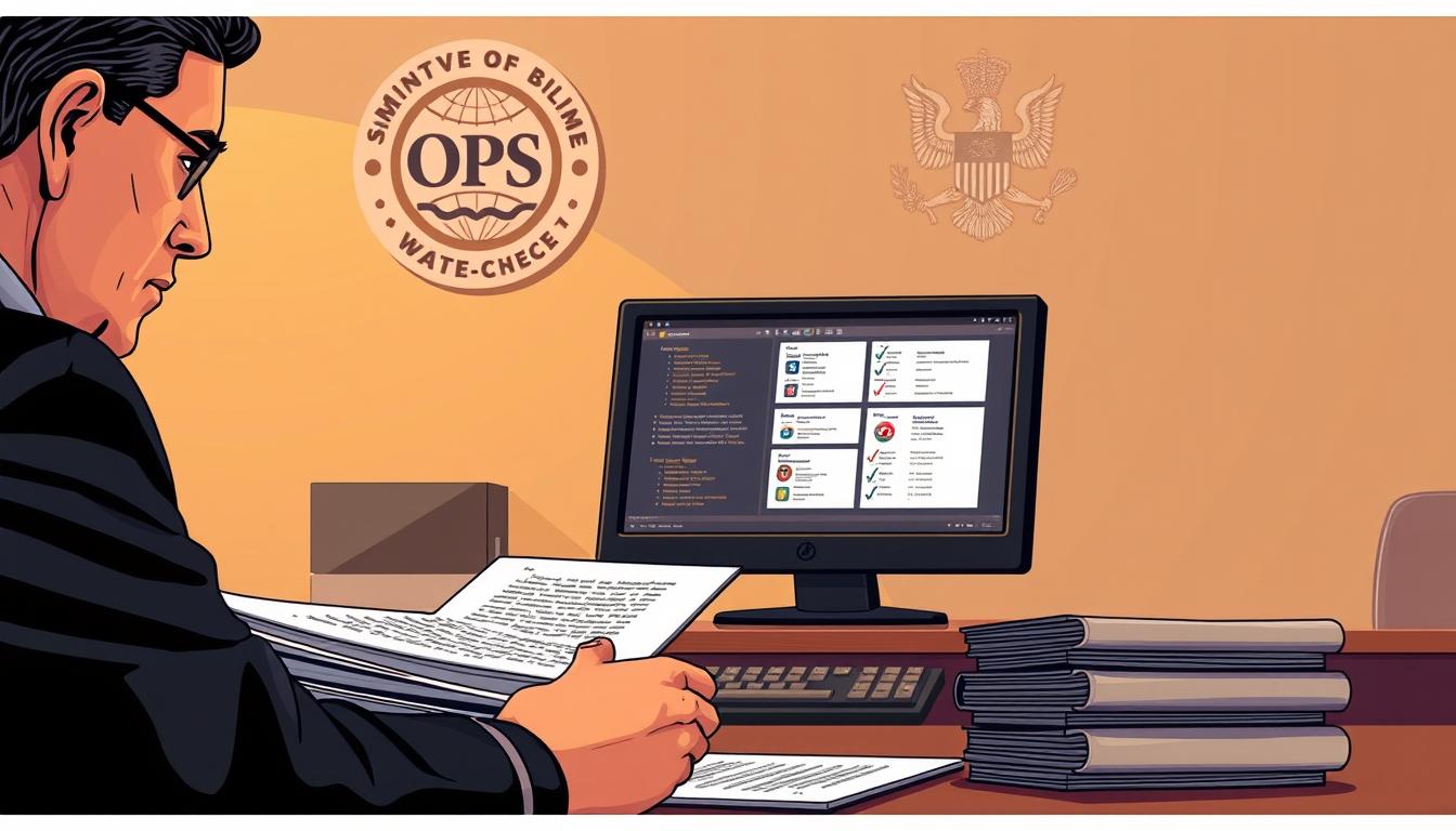 A detailed illustration of the OPSC VAS document verification process. In the foreground, a stack of official documents is being carefully reviewed by a government official, their face in focused concentration. In the middle ground, a computer monitor displays the digital verification system, showing records being cross-checked. The background features the OPSC logo and symbols of administrative authority, conveying the official nature of the proceedings. Warm, subdued lighting casts a serious, professional atmosphere, with a clean, minimalist design aesthetic throughout. The composition emphasizes the meticulousness and diligence of the verification procedure.