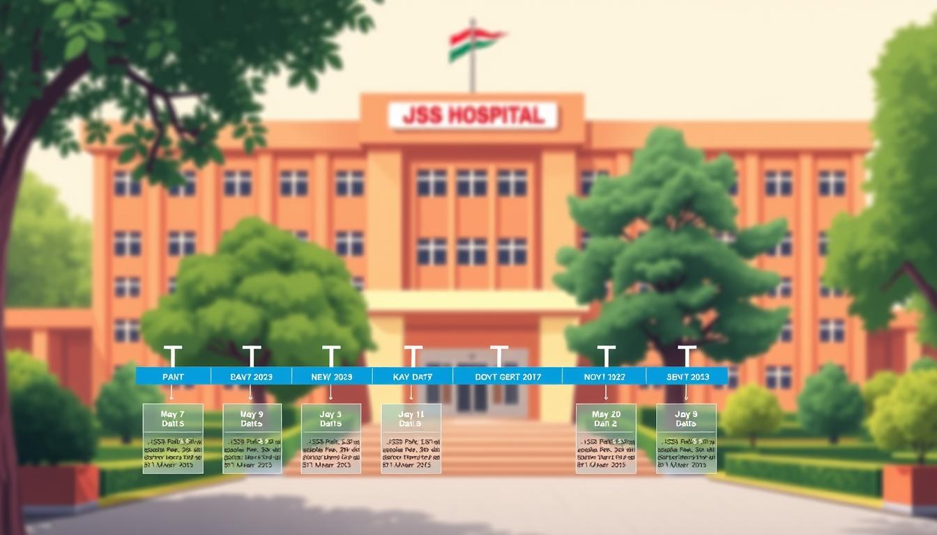 A vibrant, detailed illustration of the "JSS Hospital Delhi Recruitment 2025" key dates and timeline. Showcase the hospital's façade, meticulously rendered in warm, inviting colors, flanked by lush greenery. In the foreground, a sleek, modern timeline graphic boldly displays the recruitment calendar, rendered in a clean, legible font against a subtly textured background. The overall composition conveys a sense of professionalism, organization, and accessibility, reflecting the hospital's commitment to its prospective candidates.