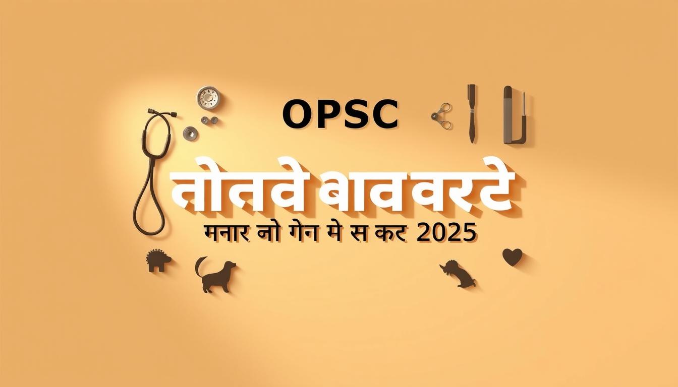 A meticulously detailed digital illustration depicting the OPSC पशु चिकित्सा सहायक शल्य चिकित्सक भर्ती 2025 announcement. Set against a soft, warm-toned background, the foreground features a clean, elegantly typeset heading with the application title in Devanagari script. Surrounding the text, crisp graphics evoke the veterinary profession, such as a stethoscope, medical instruments, and silhouettes of animals. The lighting casts a professional, authoritative tone, with shadows adding depth and dimension. The overall composition is visually striking, striking a balance between informative and visually engaging, designed to effectively communicate the recruitment announcement to the target audience.