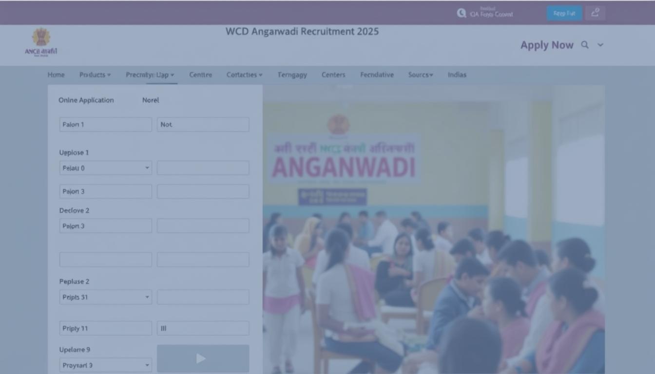 Detailed online application form for the WCD MP Anganwadi Recruitment 2025, displayed on a clean, modern interface with a prominent &quot;Apply Now&quot; button. The foreground features a neatly organized layout of input fields and dropdown menus, with minimalist icons guiding the user through the process. The middle ground showcases an image of a vibrant Anganwadi center, its colorful walls and activities visible in the background. Warm, diffused lighting creates a welcoming atmosphere, while a subtle gradient adds depth and focus to the composition. The overall tone is professional yet approachable, reflecting the importance and accessibility of the recruitment drive.