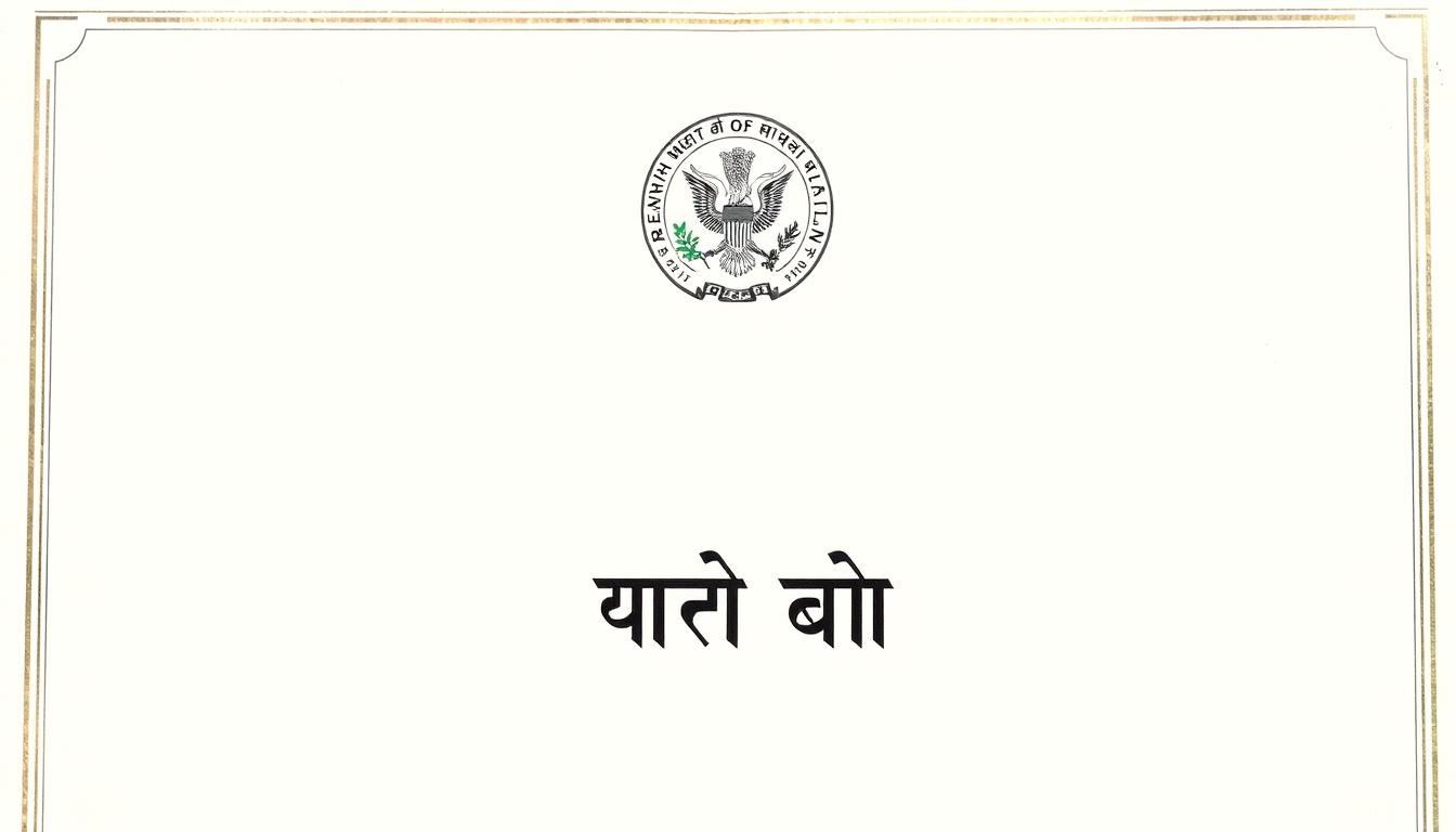 A formal, official-looking document with a distinctive government seal or insignia prominently displayed in the center. The background should have a subtle pattern or texture, suggesting high-quality paper. The text "अस्वीकरण नोटिस" should be clearly visible, with a clean, professional font. The layout should be well-structured, with appropriate spacing and alignment. Lighting should be soft and even, creating a sense of authority and legitimacy. The overall tone should convey a sense of importance and attention to detail, reflecting the seriousness of the subject matter.
