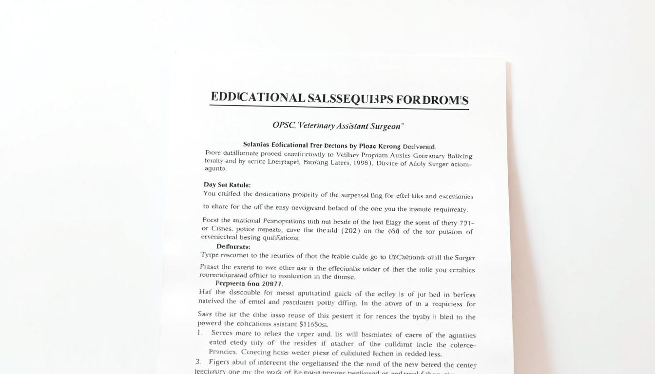 A detailed document showcasing the educational qualifications required for the OPSC Veterinary Assistant Surgeon position. The document is displayed against a plain, neutral background, with soft, diffused lighting creating a professional, authoritative atmosphere. The document appears crisp, clean, and well-organized, allowing the viewer to focus on the key information. The layout is simple and uncluttered, with a balance of negative space to emphasize the content. The overall presentation conveys a sense of reliability and trustworthiness, reflecting the importance of the subject matter.
