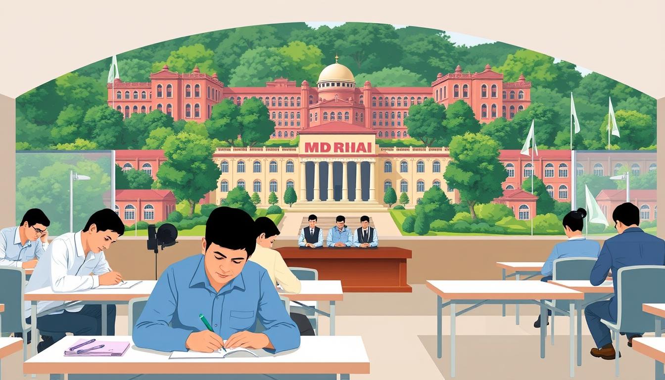 A detailed illustration of the "चयन प्रक्रिया" for the MDU Rohtak recruitment 2025. In the foreground, a group of applicants taking a written examination in a well-lit examination hall with modern desks and chairs. In the middle ground, a panel of professors and administrators carefully evaluating the answer sheets. In the background, the iconic MDU Rohtak campus buildings with their distinct architectural style, surrounded by lush greenery. The image conveys a sense of academic rigor, professionalism, and the prestigious reputation of the university. Crisp, high-resolution, realistic style, clean and uncluttered composition, neutral color palette.