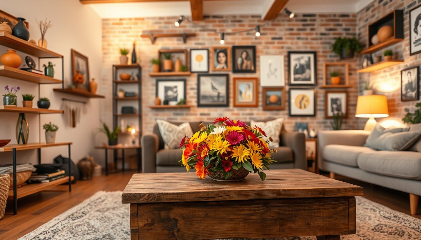 A cozy living room filled with budget-friendly DIY home decor projects. In the foreground, a rustic wooden coffee table adorned with a vibrant floral centerpiece made from recycled materials. Floating shelves on the walls display an array of handcrafted vases, planters, and framed art pieces created from inexpensive found objects. Subtle task lighting illuminates the space, creating a warm, inviting atmosphere. In the middle ground, a plush area rug and comfortable seating encourage relaxation. The background features a mix of natural textures, such as exposed brick or wooden beams, complementing the DIY aesthetic. An overall sense of creativity, resourcefulness, and stylish, low-cost solutions pervades the scene.