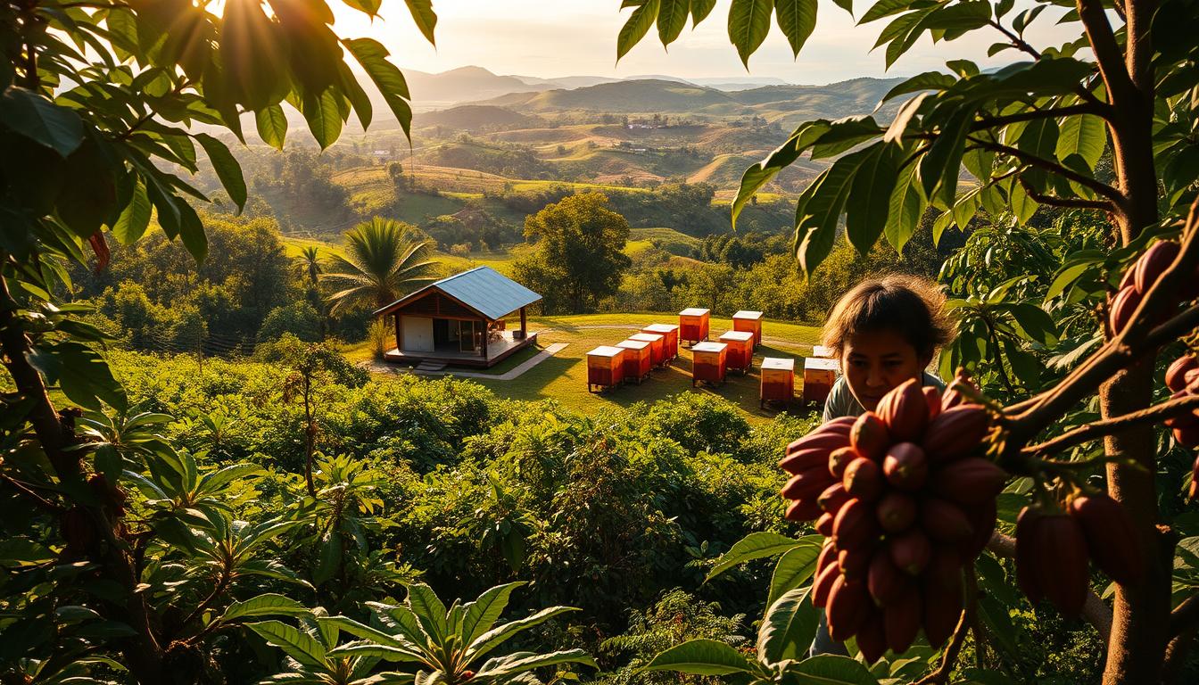 A verdant cacao plantation, lush with thriving cacao trees, stretches across the frame. Sunlight filters through the canopy, casting a warm, golden glow over the scene. In the foreground, a farmer tenderly harvests ripe cacao pods, their rich, chocolatey hues a testament to the care and attention invested in their cultivation. The middle ground reveals a small, eco-friendly processing facility, its sleek, modern design in harmony with the natural surroundings. Beehives dotting the periphery suggest a holistic, sustainable approach to chocolate production. The background showcases a panoramic view of the rolling hills, highlighting the integration of the plantation within the larger ecosystem. The overall atmosphere conveys a sense of balance, where human endeavor and environmental stewardship coexist in perfect harmony.