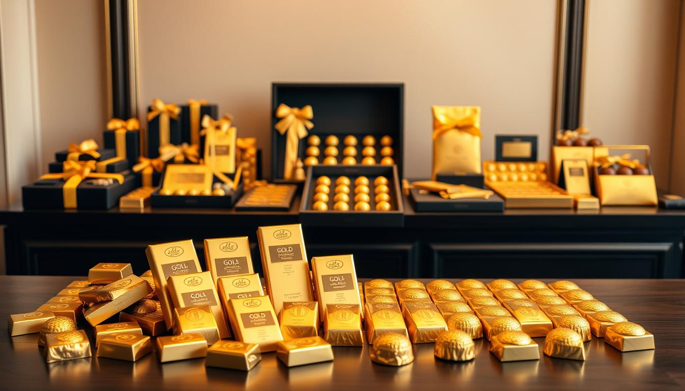A high-quality, luxurious display of premium gold chocolate bars and bonbons on a dark wooden table, with a soft, warm lighting highlighting the rich, shimmering gold accents. In the foreground, an array of various gold-wrapped chocolate products, arranged artfully to showcase their opulent appearance. In the middle ground, a few open boxes or trays reveal the intricate, gilded designs on the individual chocolate pieces. The background features a simple, elegant backdrop, allowing the gold chocolate to take center stage and grab the viewer's attention. The overall atmosphere conveys a sense of sophistication, indulgence, and the epitome of a premium chocolate buying experience.