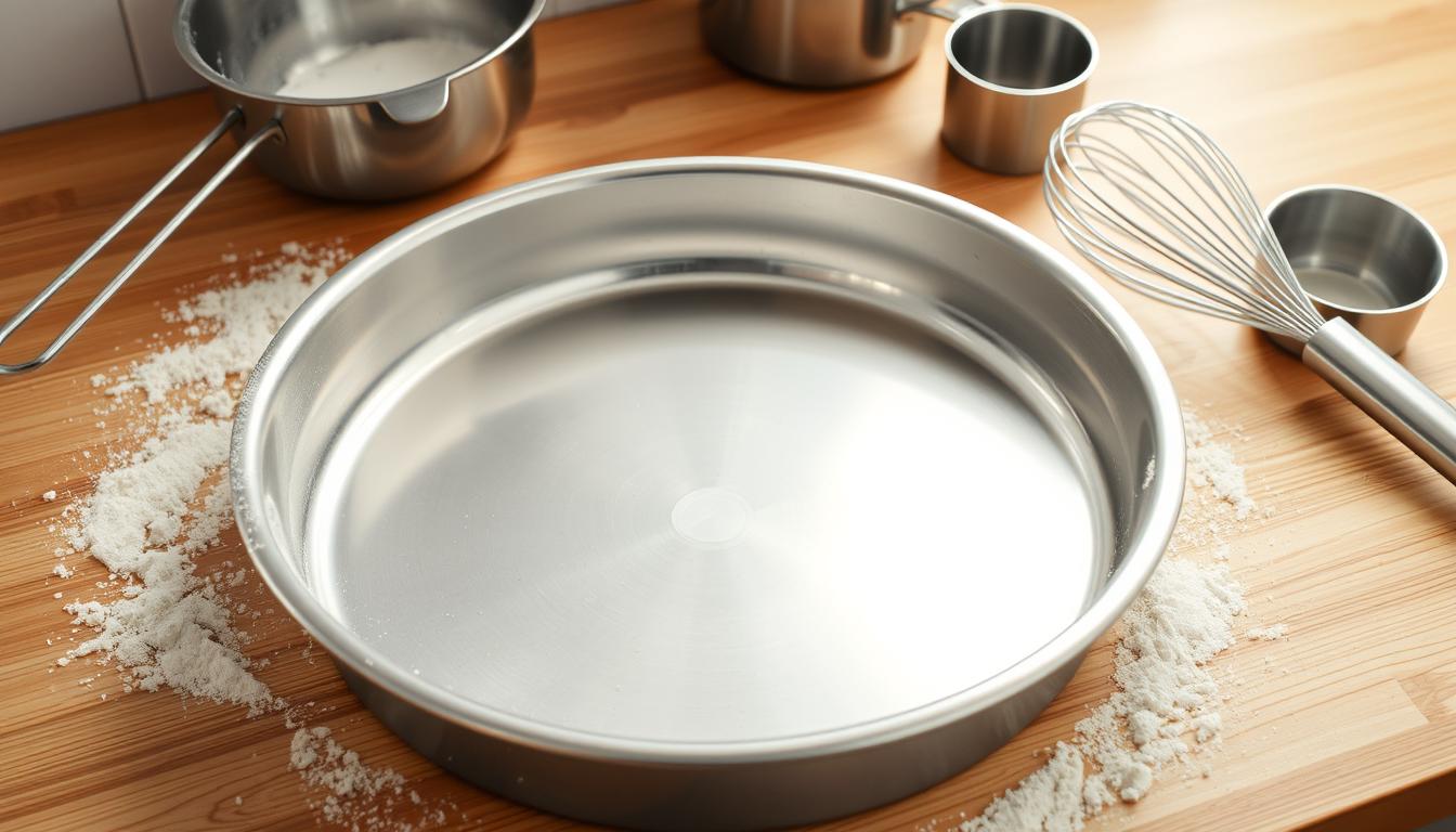 A pristine stainless steel baking pan, its smooth surface gleaming under soft, warm lighting. Flour dusts the edges, hinting at the delicious cake to come. Beside it, a sifter, a whisk, and a set of measuring cups, all neatly arranged, ready to assist in the creation of the perfect queijadinha. The backdrop is a spotless kitchen counter, its natural wood tones providing a rustic, homey contrast to the modern bakeware. The overall scene conveys a sense of organized preparation, a calm before the culinary storm, as the baker prepares to embark on the satisfying journey of baking a delectable treat.