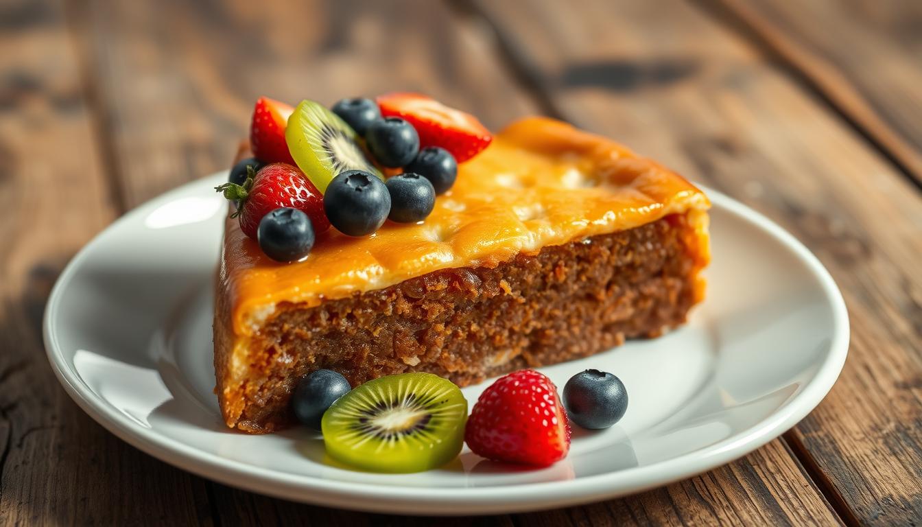 A visually appetizing and freshly baked "bolo de queijadinha" (Portuguese cheese cake) rests on a rustic wooden surface, garnished with an array of vibrant, ripe fruits such as strawberries, blueberries, and kiwi slices. The cake's golden-brown crust glistens under soft, directional lighting, creating a warm and inviting atmosphere. The slice is presented on a simple white ceramic plate, allowing the textures and colors of the dessert to take center stage. The overall composition suggests a homemade, artisanal quality, perfectly suited to illustrate the "Como Servir o Bolo de Queijadinha" section of the article.