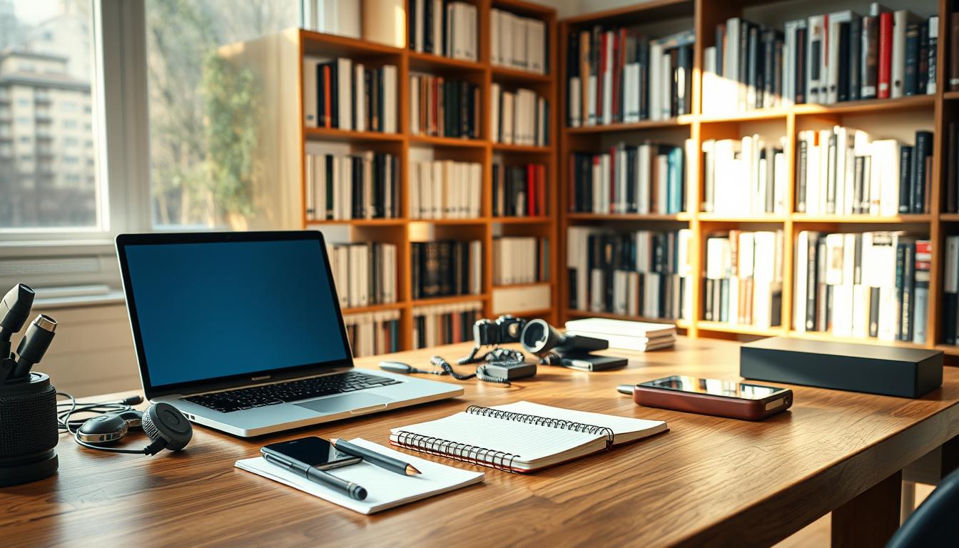 A workspace with a laptop, smartphone, and various tech gadgets arranged neatly on a wooden desk. Bright, natural lighting filters in through a window, casting a warm glow on the scene. The desk surface is clear, save for a notebook and pen, symbolizing the methodical research process. In the background, bookshelves filled with tech-related volumes provide a sense of expertise and knowledge. The overall atmosphere is one of productivity, focus, and a budget-conscious approach to exploring the latest technological solutions.