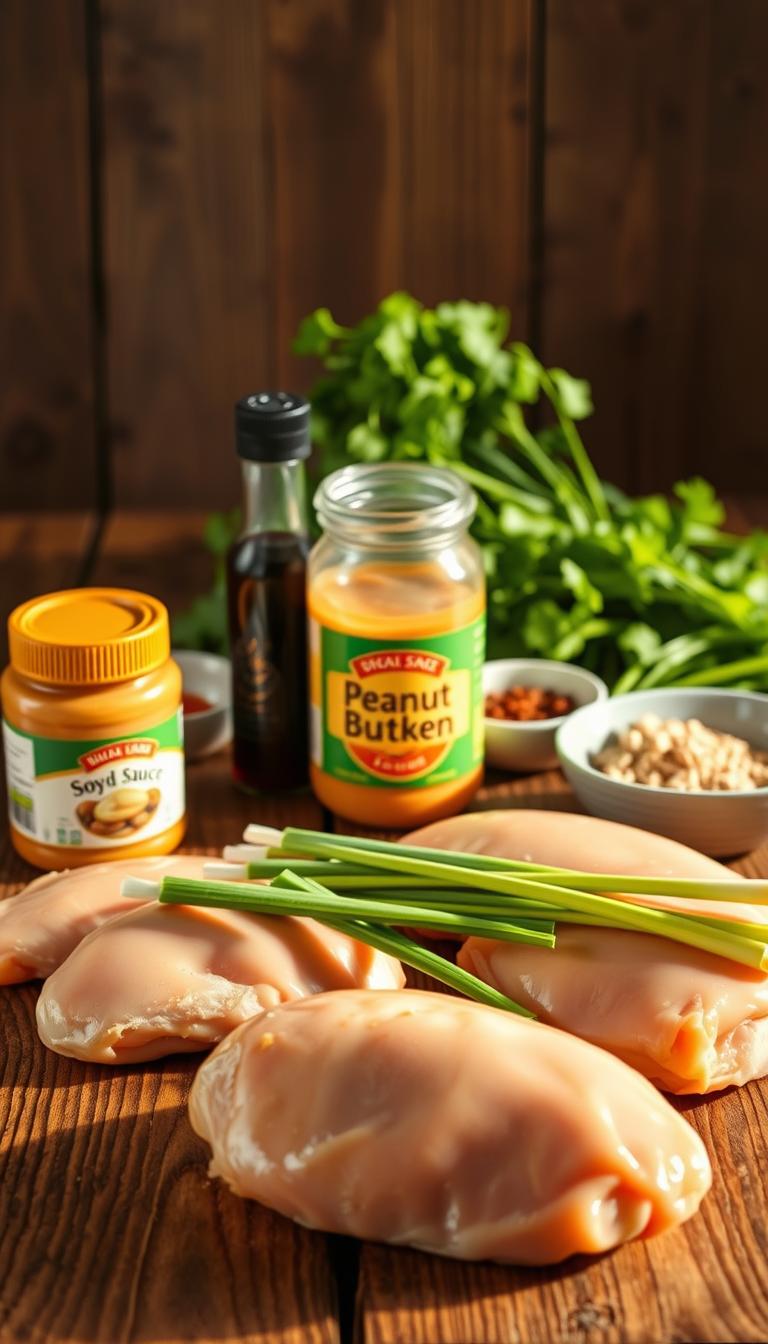 A rustic wooden table, bathed in warm, natural lighting, showcases an assortment of essential ingredients for peanut butter chicken. In the foreground, plump chicken breasts, a jar of creamy peanut butter, and a bundle of scallions sit neatly arranged. In the middle ground, a bowl of soy sauce, a small pile of minced garlic, and a sprinkle of ground ginger add depth and complexity. The background features a vibrant, leafy bundle of cilantro, adding a fresh, herbal touch to the scene. The overall mood is one of culinary preparation, inviting the viewer to imagine the delicious peanut butter chicken dish that will soon be created from these carefully curated ingredients.