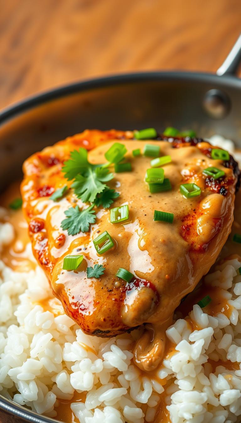 A delectable Asian-inspired dish, a succulent chicken breast bathed in a rich and creamy peanut sauce, garnished with fresh cilantro and sliced green onions. The chicken is pan-seared to a golden-brown crisp, resting atop a bed of perfectly cooked white rice. Warm lighting casts a comforting glow over the scene, highlighting the vibrant colors and textures of the ingredients. The peanut sauce, a harmonious blend of creamy peanut butter, soy sauce, rice vinegar, and aromatic spices, coats the chicken in a velvety, flavor-packed embrace. The overall presentation is elegant and inviting, drawing the viewer in to experience the delicious world of Chinese peanut butter chicken.