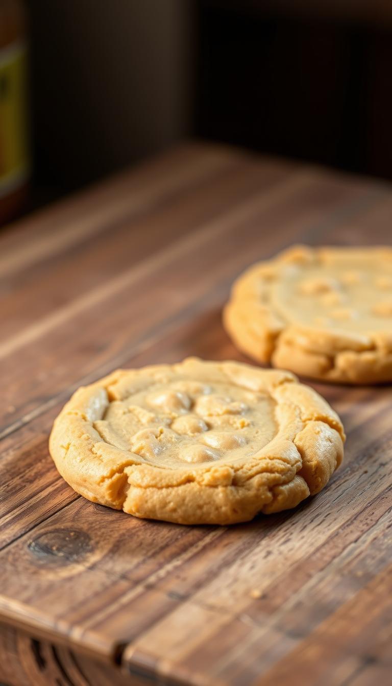 A homemade peanut butter cookie base rests on a rustic wooden table, its rich, golden surface glistening with the enticing sheen of freshly baked goodness. The soft, crumbly texture invites a delightful sensory experience, promising a satisfying treat. Warm, indirect lighting casts a cozy glow, highlighting the cookie's delicate, artisanal appearance. The scene exudes an inviting, homey atmosphere, setting the stage for a delicious lunch lady-inspired peanut butter bar adventure. A sense of nostalgia and comfort permeates the image, beckoning the viewer to indulge in this timeless, comforting confection.