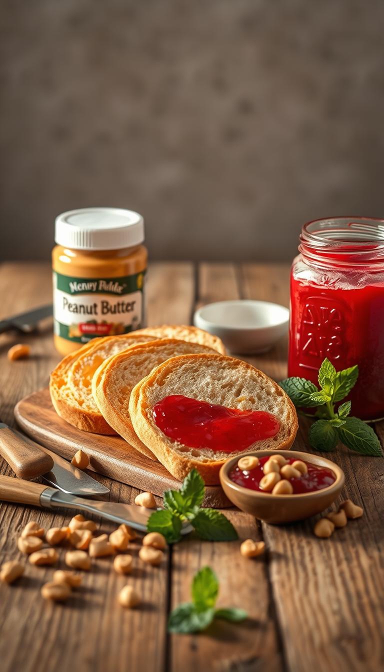 A neatly arranged still life composition on a rustic wooden surface, bathed in warm, natural lighting. In the foreground, a jar of smooth peanut butter and a jar of vibrant, ruby-red jelly stand side by side, their labels clearly visible. In the middle ground, slices of freshly baked bread, golden-brown and inviting, await their accompaniment. Scattered around the scene are a set of butter knives, a small bowl of chopped peanuts, and a sprig of fresh mint, adding a touch of freshness. The overall mood is one of casual elegance, hinting at the delightful peanut butter and jelly experience to come.