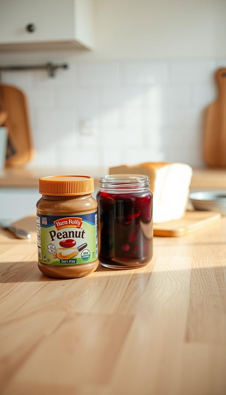 A brightly lit kitchen counter with a smooth wooden surface, neatly arranged with the essentials for a classic peanut butter and jelly sandwich snack. In the foreground, a jar of creamy peanut butter and a jar of grape jelly sit side by side, their labels clearly visible. In the middle ground, a fresh loaf of white bread, sliced and ready to be assembled. The background features a few scattered kitchen utensils, like a butter knife and a small plate, suggesting the preparation process. Soft, natural lighting filters in, creating a warm, inviting atmosphere that evokes a sense of homemade comfort and simplicity.