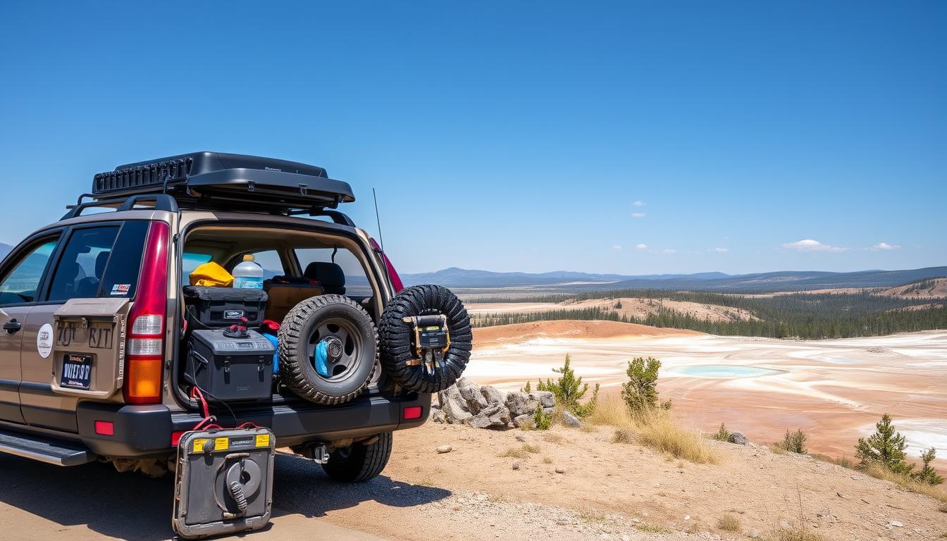 Vehicle prepared for remote travel in Yellowstone National Park