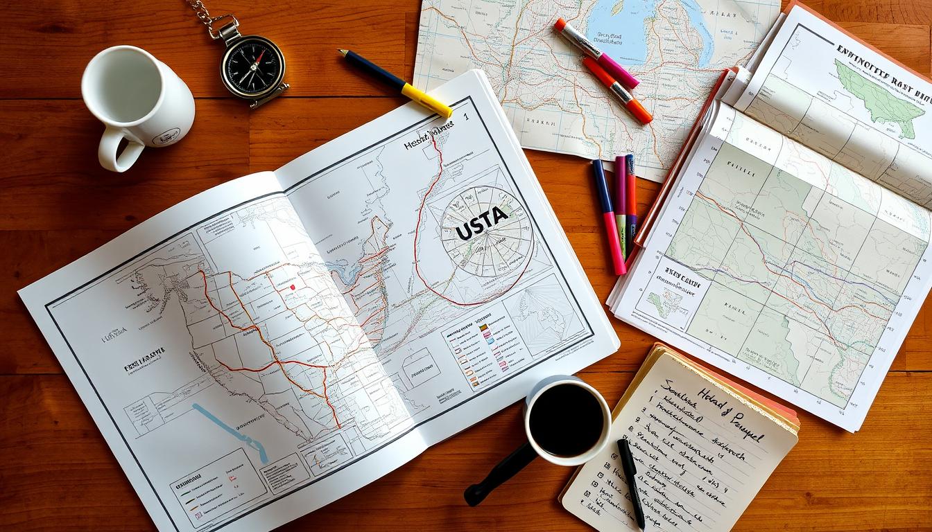 Road trip planning with physical maps and atlas spread out on table