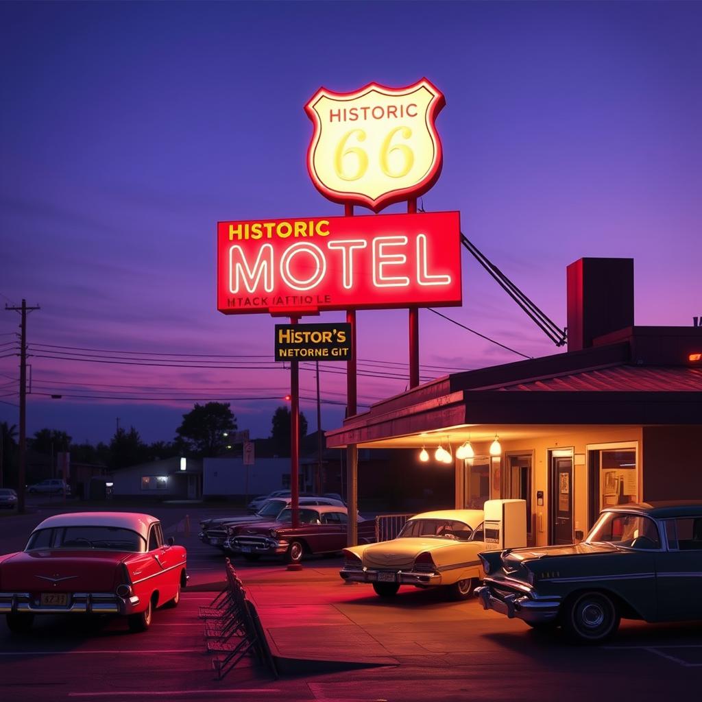 Historic Route 66 vintage motel with neon sign