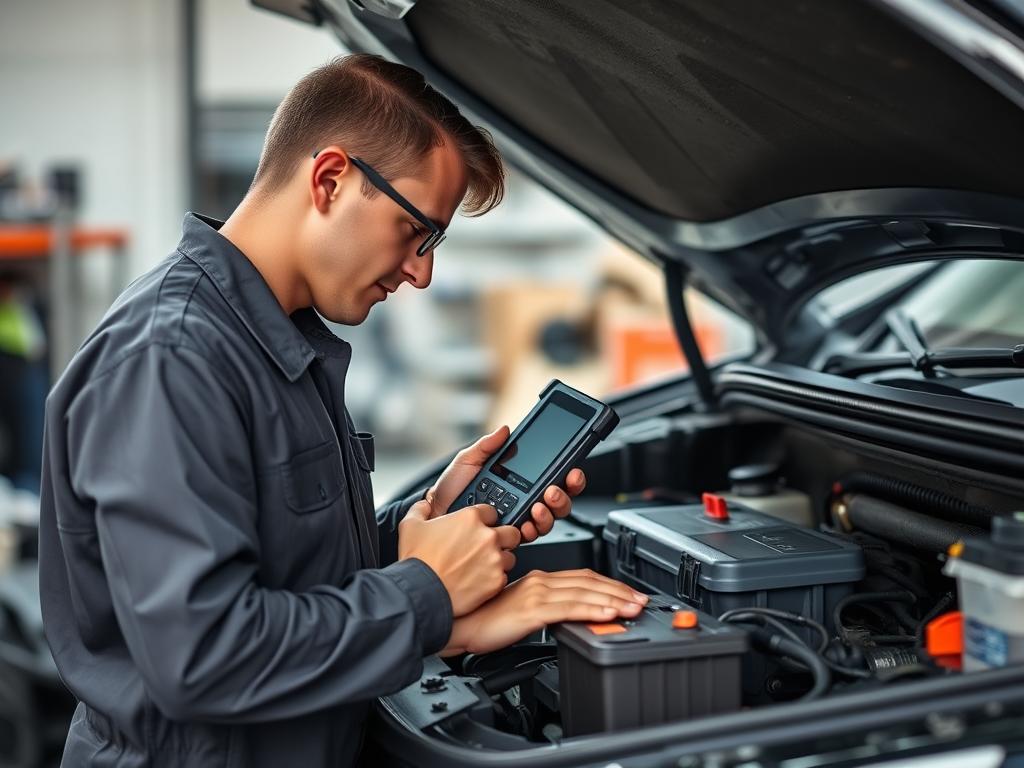 Mechanic performing pre-road trip vehicle inspection