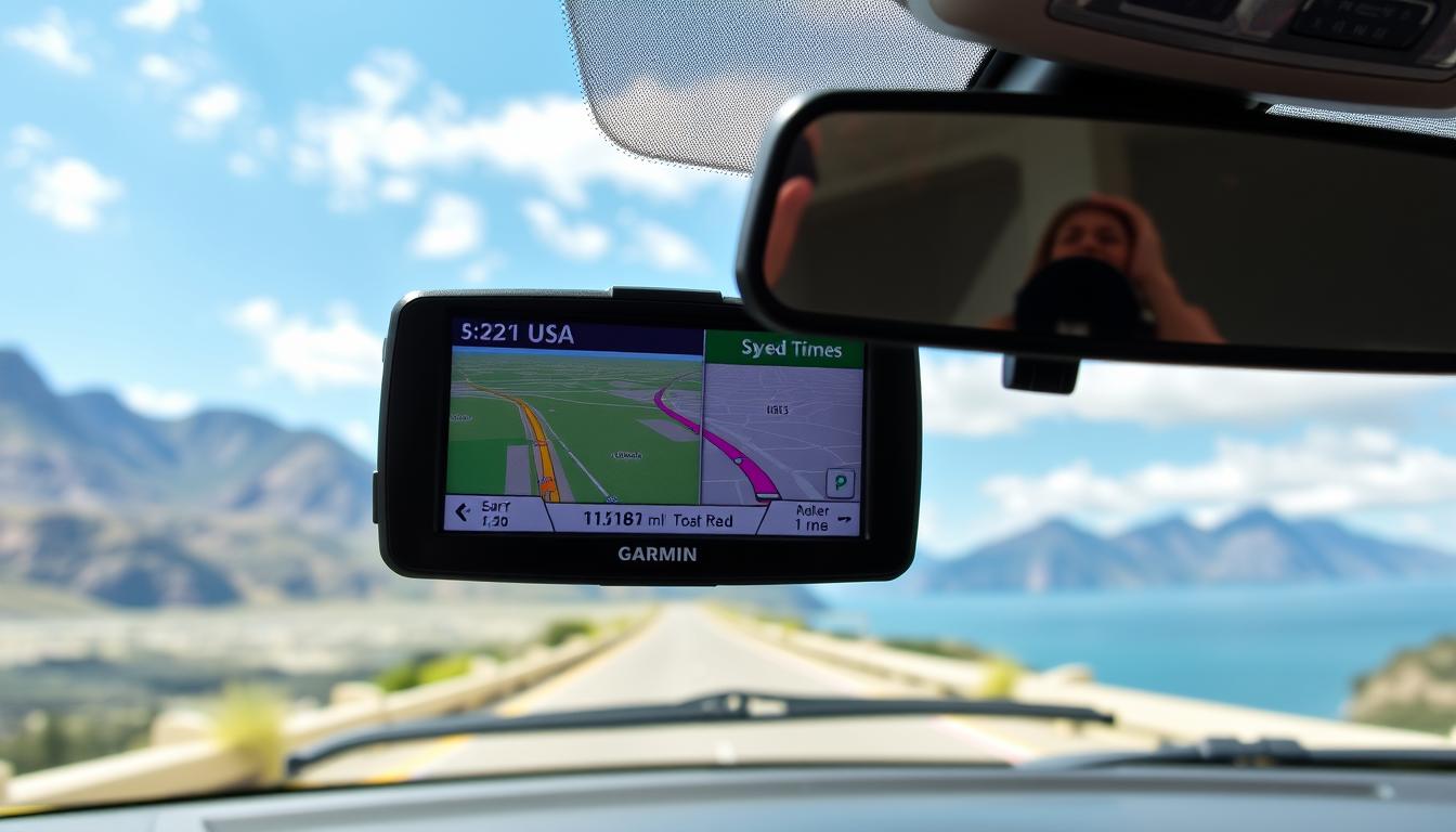 GPS navigation device mounted in car with scenic USA landscape on screen