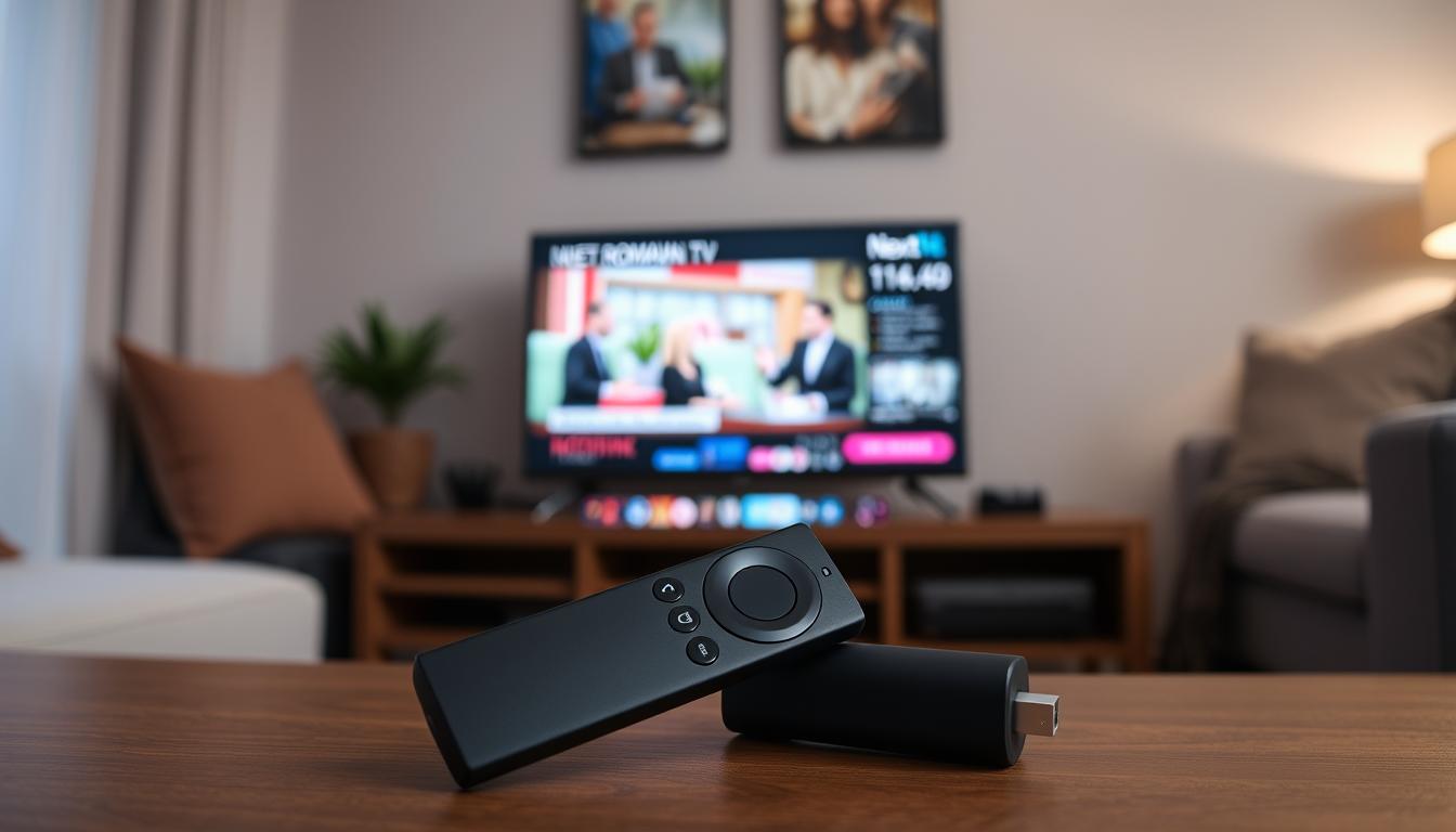 A sleek black Amazon Firestick prominently displayed, its interface showing a Next4k Romanian TV streaming app with a live feed of a lively Romanian news broadcast. The background is a cozy living room setting, with muted tones and soft lighting creating a warm and inviting atmosphere. The scene conveys the ease and convenience of accessing Romanian television content on a Firestick, perfectly capturing the essence of the "Live Streaming Romanian TV" section.