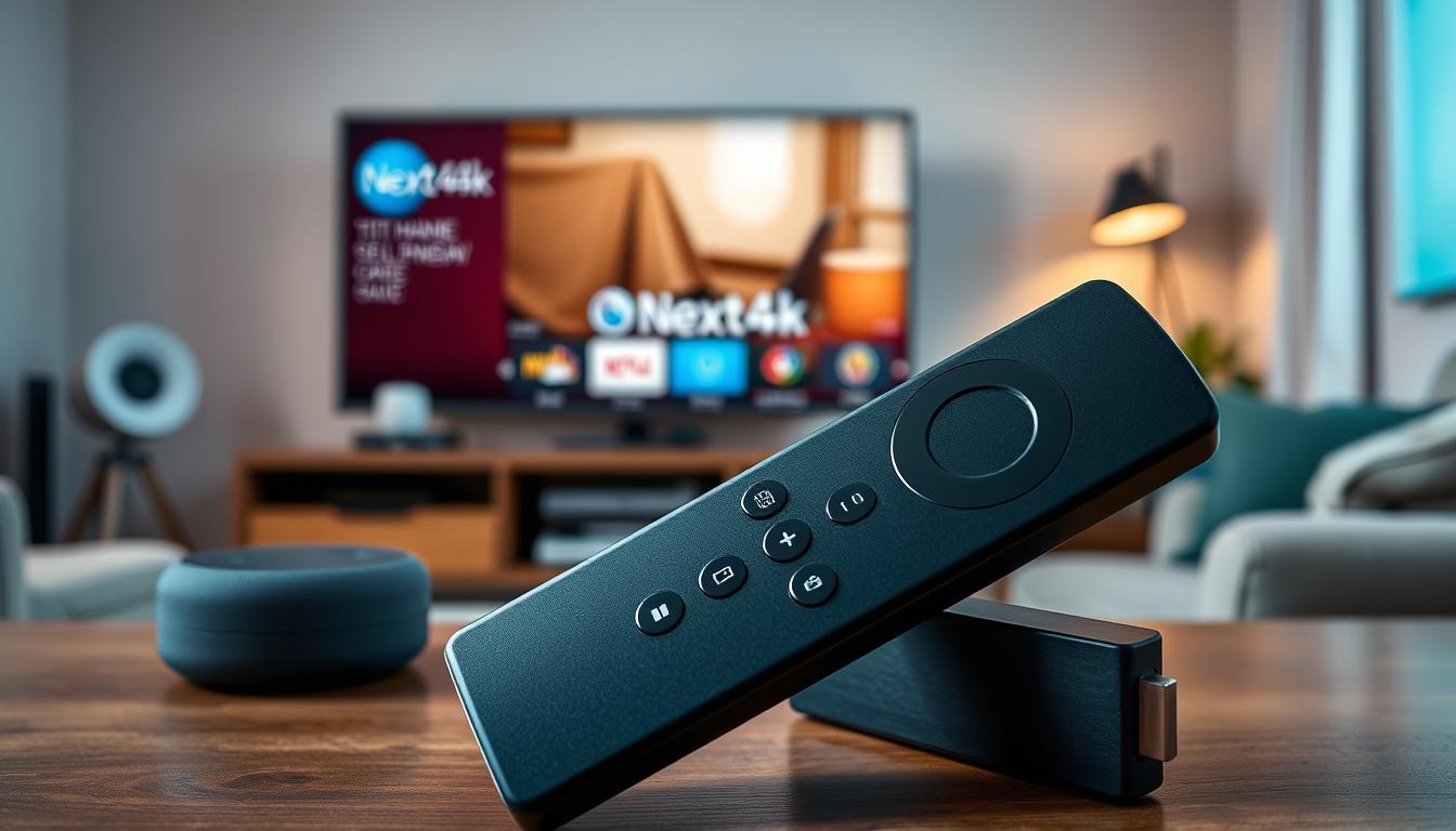 A detailed, high-quality image of a Firestick streaming device displayed prominently in the foreground, with the "Next4k" app icon clearly visible on the screen. In the middle ground, various smart home devices like a voice assistant and a TV are shown, suggesting the integration of the Firestick for accessing Romanian TV channels. The background features a cozy living room setting, with warm lighting and a sense of comfort and relaxation. The overall scene conveys the ease and convenience of using a Firestick to watch Romanian television at home.