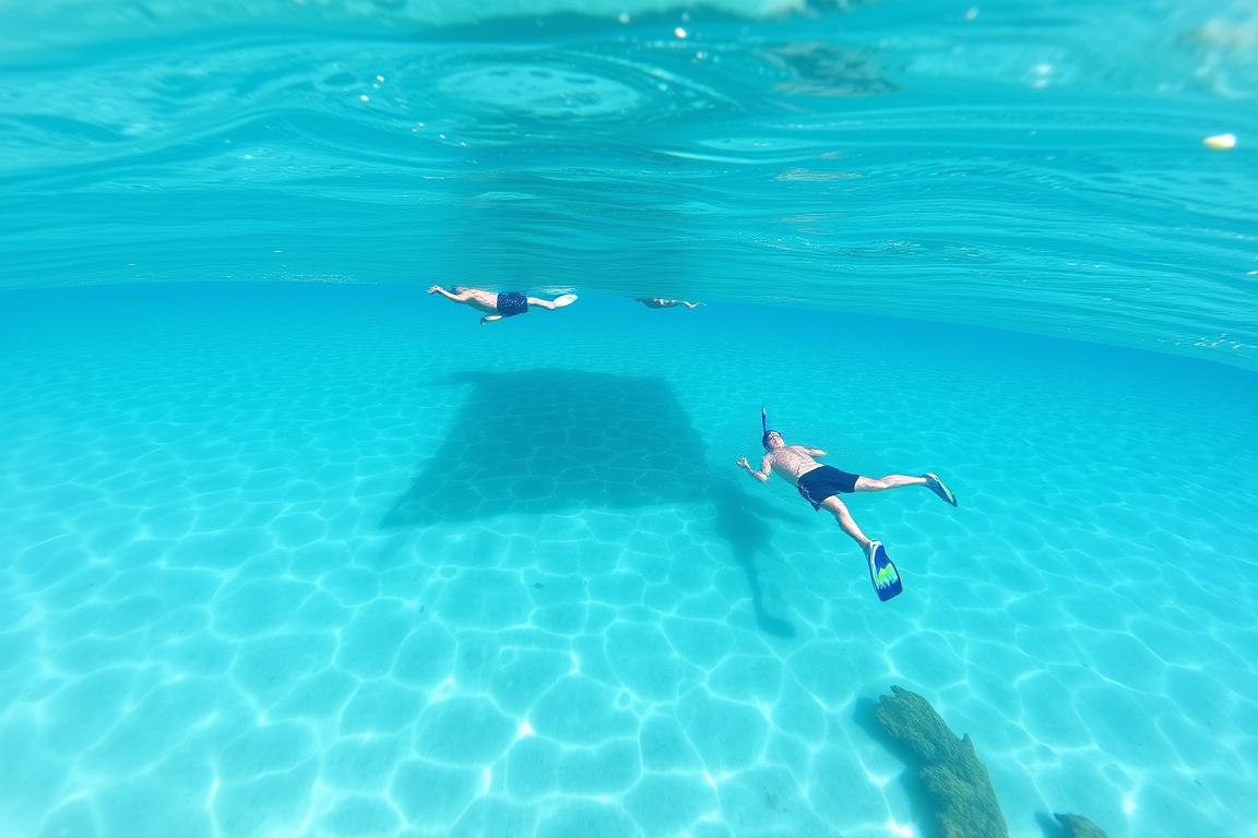 Águas cristalinas da Praia do Sono em Paraty mostrando diferentes tons de azul e verde, com pessoas nadando e praticando snorkel