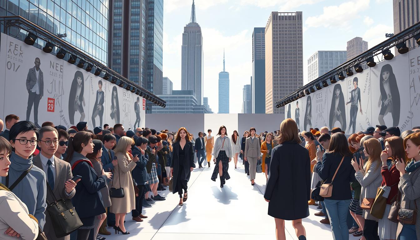 A bustling scene of New York Fashion Week, captured with a wide-angle lens to showcase the grandeur of the event. The foreground features well-dressed attendees posing for photographers, their stylish outfits and accessories on full display. In the middle ground, models strut down a sleek, minimalist runway, showcasing the latest designer collections against a backdrop of towering skyscrapers and the iconic Manhattan skyline. The lighting is soft and diffused, creating a warm, inviting atmosphere that reflects the global significance and excitement of this premier fashion event.