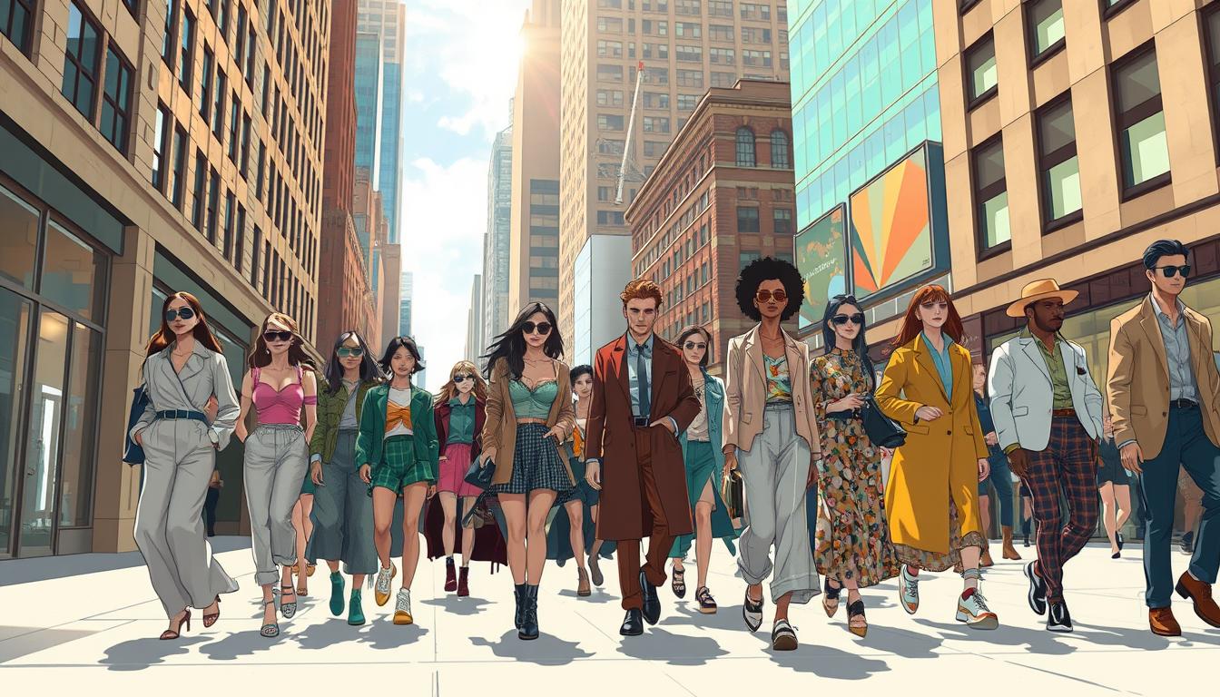 A diverse array of fashion-forward individuals strolling the vibrant streets of New York City, showcasing a mesmerizing blend of global styles. Sleek, minimalist silhouettes in earthy tones stand alongside bold, color-blocked ensembles. Intricate patterns and traditional textiles from various cultures are seamlessly integrated into the urban landscape. Sunlight filters through skyscrapers, casting a warm glow over the eclectic mix of streetwear, formal attire, and avant-garde designs. The energy is palpable, as the city's dynamic energy and cultural diversity inspire a new wave of sartorial expression, with the potential to influence fashion trends worldwide.