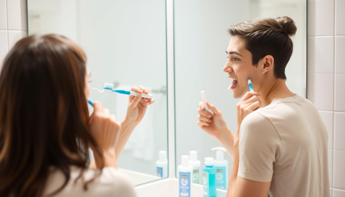 Person following daily oral hygiene routine for bad breath prevention