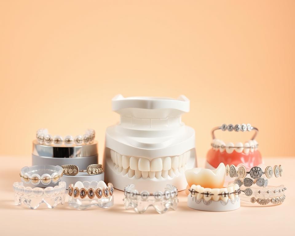 A diverse array of orthodontic braces set against a clean, minimalist background. In the foreground, a selection of clear, metal, and ceramic braces in various shapes and sizes. In the middle ground, a dental cast model showcasing the placement of different brace types. The background features a soft, warm-toned gradient, highlighting the technical elegance of the dental appliances. Crisp lighting from an overhead source casts subtle shadows, emphasizing the textures and contours of the braces. The overall composition conveys a sense of clinical precision and the range of options available to patients seeking orthodontic treatment.