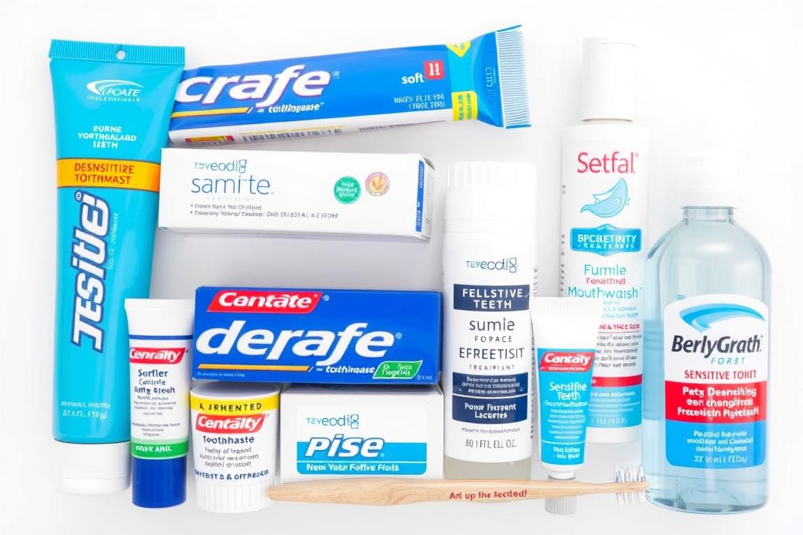 Various at-home treatments for sensitive teeth including special toothpaste and mouthwash