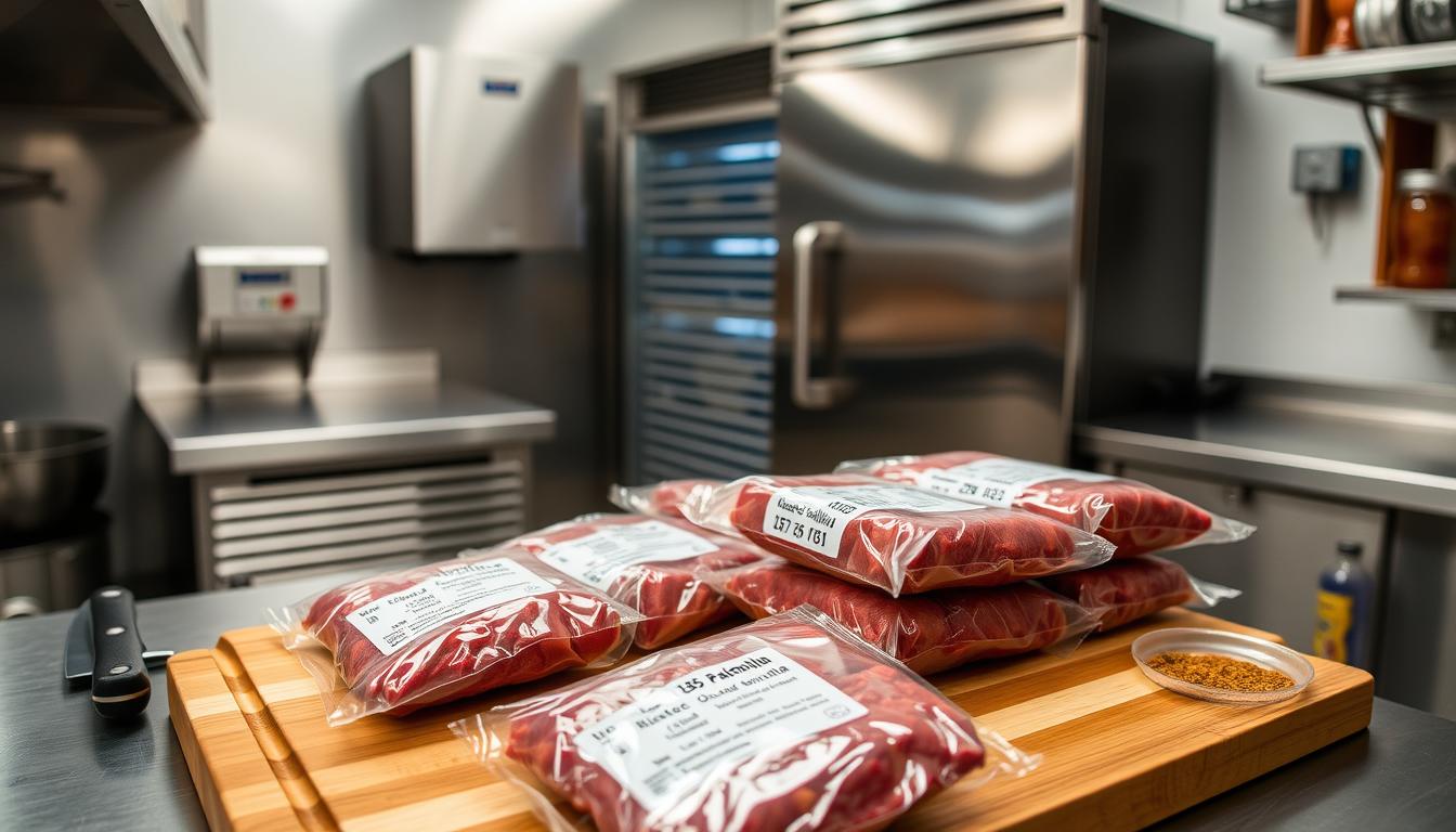 A well-lit commercial kitchen interior, with stainless steel countertops and appliances. In the foreground, a wooden cutting board showcases neatly arranged, vacuum-sealed packages of Bistec de Palomilla, each labeled with the date and storage instructions. In the middle ground, a chef's knife and a small bowl of seasoning rubs sit nearby, hinting at the preparation process. The background features a shiny, chrome refrigerator, its door slightly ajar, suggesting the proper storage environment for the steak. The overall scene conveys a sense of organization, cleanliness, and attention to detail, reflecting the care and precision required for storing and reheating this authentic Cuban dish.