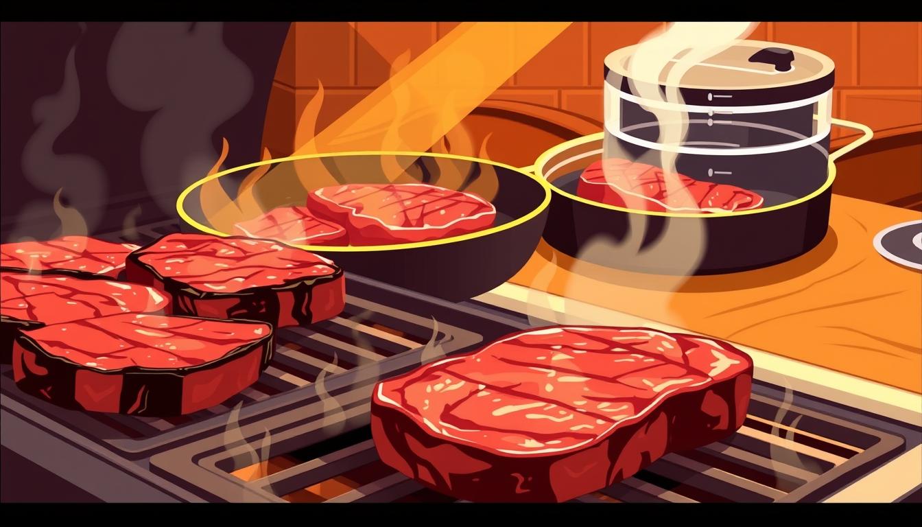 A stylized illustration showcasing different steak cooking methods. In the foreground, a grill with sizzling steaks, conveying the smoky aroma and charred edges. The middle ground features a cast-iron skillet with a tender, pan-seared steak, and in the background, a sous vide setup with a precise temperature-controlled water bath. Warm, directional lighting illuminates the scene, creating a welcoming, mouthwatering atmosphere. The composition emphasizes the various techniques, from high-heat grilling to low-and-slow sous vide, for achieving the perfect steak doneness and texture. The image should convey a sense of culinary expertise and the versatility of steak preparation.