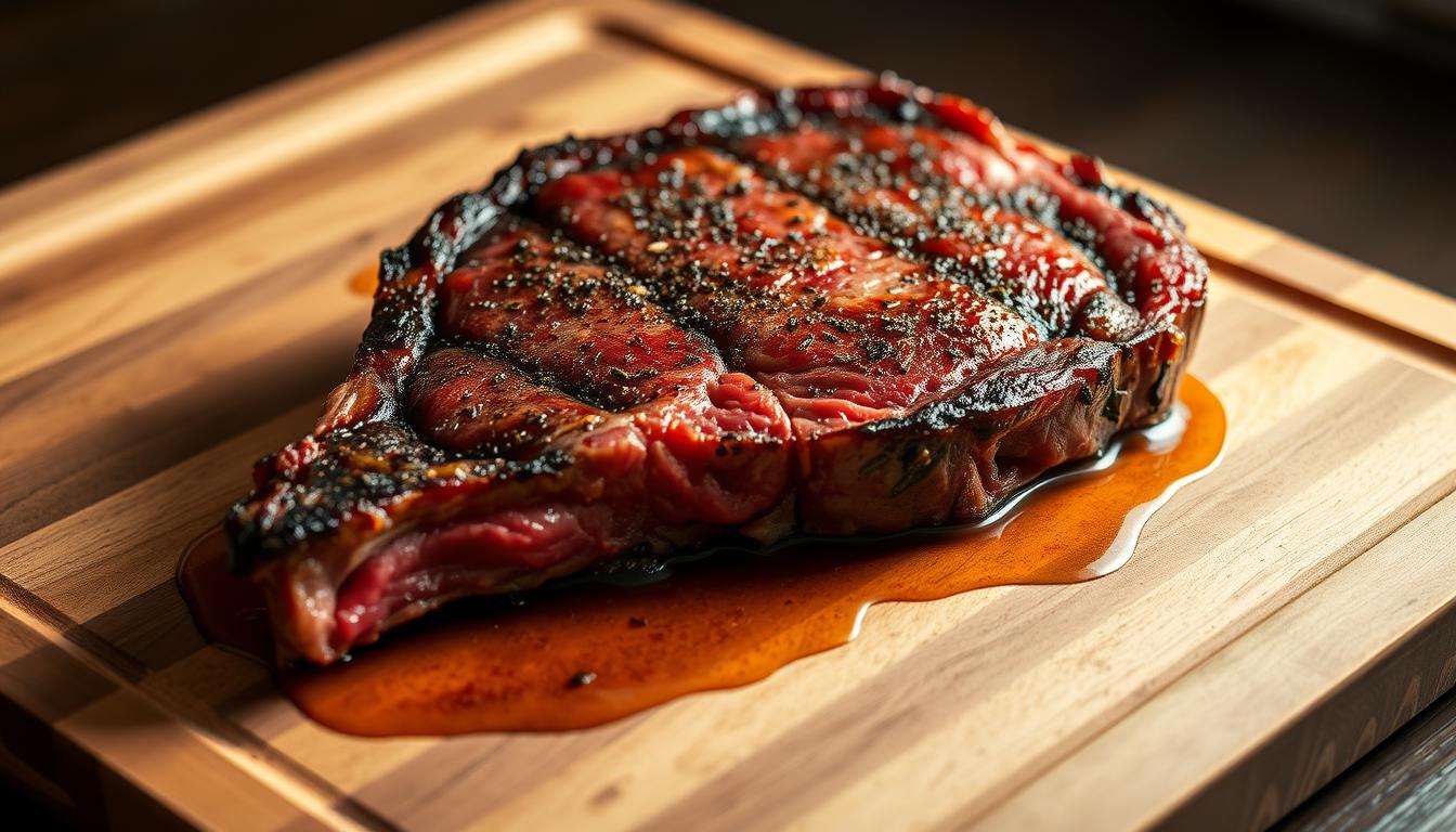 A perfectly seared 14 oz bone-in rib eye steak rests upon a wooden cutting board, its juices gently pooling around the edges. The meat's deep-red exterior gives way to a succulent, medium-rare interior, radiating warmth and the aroma of garlic, thyme, and fresh-cracked black pepper. Soft, directional lighting casts a gentle glow, highlighting the steak's marbling and the subtle sheen of its surface. The scene exudes a sense of anticipation, as the steak prepares to be sliced and savored, the culmination of a masterful cooking process.