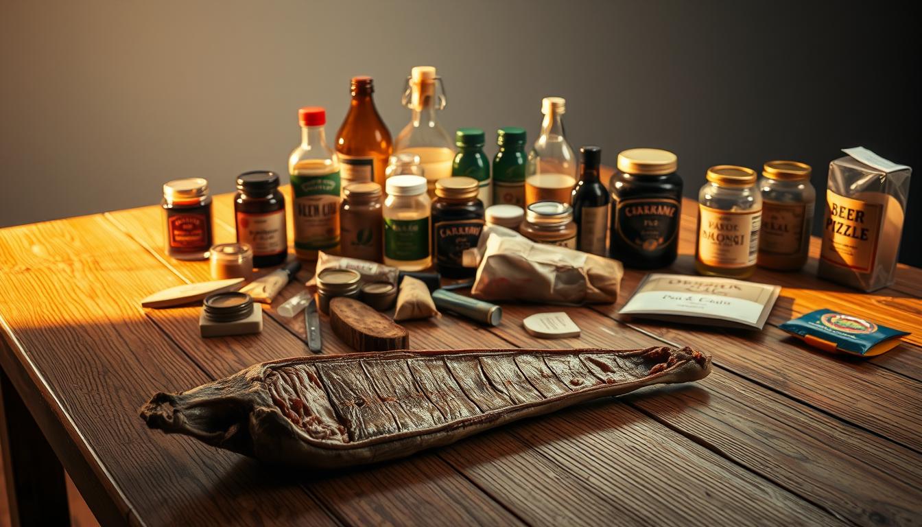 A hyper-realistic, cinematic photograph of a wooden table displaying various alleged "beef pizzle" products, debunked and exposed as myths. The table is illuminated by warm, soft lighting from the side, casting dramatic shadows. In the foreground, a dissected and annotated "beef pizzle" specimen lies, revealing its true nature. In the middle ground, assorted jars, bottles, and packages labeled with purported "beef pizzle" claims are strewn about, their validity questioned. The background is blurred, hinting at a clean, minimalist studio setting, allowing the table display to be the focal point. The overall mood is one of scientific inquiry and myth-busting, conveying a sense of authoritative, factual presentation.