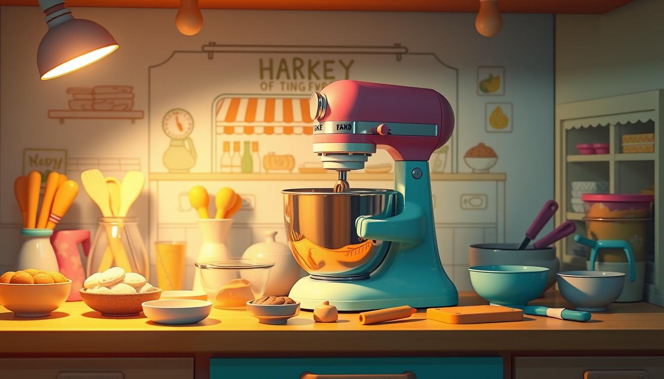 A delightful and whimsical children's baking playset, showcasing a vibrant, detailed kitchen counter with a large, colorful toy cake mixer at the center. Assorted baking tools, mixing bowls, and ingredients are neatly arranged around the mixer, inviting young hands to engage in the joy of pretend pastry-making. The scene is bathed in warm, soft lighting, creating a cozy, homey atmosphere. In the background, a cheerful, illustrated backdrop depicting a charming bakery or kitchen setting adds to the immersive experience. The overall composition captures the wonder and creativity of children's culinary exploration, inspiring imaginative play and a love for baking.