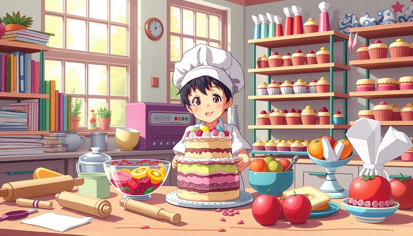 A vibrant, educational scene of a colorful, whimsical cake maker's workshop. In the foreground, an array of baking tools and ingredients - rolling pins, measuring cups, fresh fruit, and a mixing bowl overflowing with colorful batter. The midground features a central cake maker, a young child, their face alight with concentration as they carefully assemble a layered confection. Surrounding them, shelves brimming with recipe books, piping bags, and trays of perfectly baked cupcakes and cookies. The background showcases large windows, natural light streaming in, illuminating the joyful, creative process. The overall atmosphere is one of discovery, hands-on learning, and the delightful pursuit of culinary artistry.