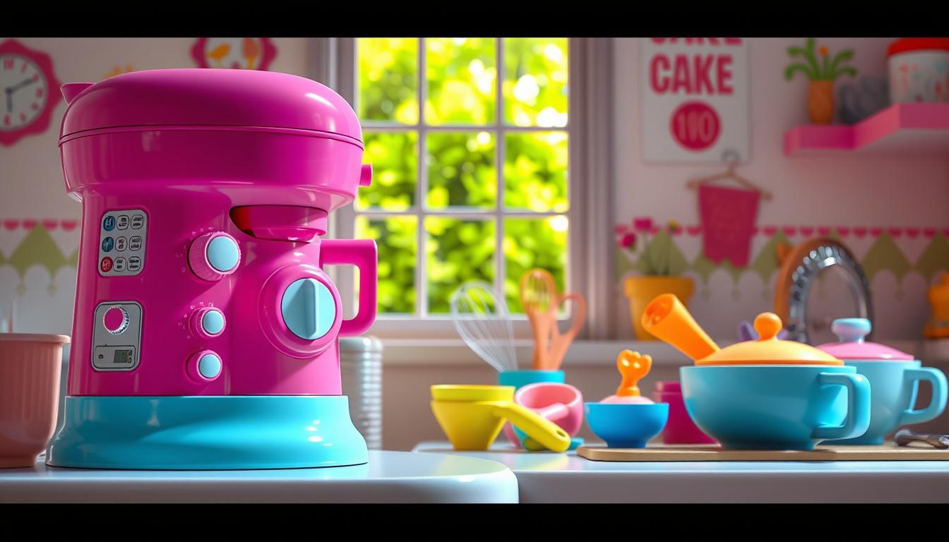 A cheerful and playful scene of a child's play kitchen set, featuring a brightly colored bakery-style cake maker appliance. The foreground showcases the cake maker in detail, with realistic textures and intricate dials and controls. In the middle ground, a selection of colorful baking accessories, including measuring cups, whisk, and mixing bowls, are arranged neatly. The background depicts a pastel-toned kitchen interior, with playful wall decor and a sunny window overlooking a lush, verdant garden. The overall atmosphere is one of joy, imagination, and the delight of baking and creating. The lighting is soft and diffused, creating a warm, inviting ambiance. The camera angle is at a slightly elevated perspective, giving a sense of a child's-eye view of the scene.