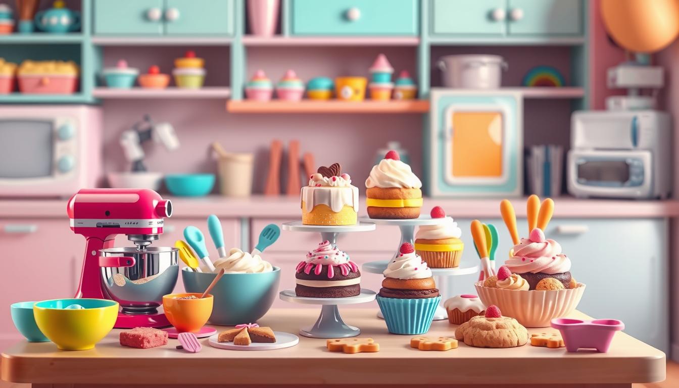 A vibrant and whimsical scene of a children's cake making playset. In the foreground, a table-top bakery station with an array of colorful mixing bowls, utensils, and baking molds. Mouthwatering cakes, cupcakes, and cookies in various stages of preparation fill the middle ground, while a background of pastel-hued shelves and appliances completes the cozy, inviting atmosphere. Warm, soft lighting illuminates the playful, hands-on experience of crafting delectable confections. The overall aesthetic evokes a sense of joy, creativity, and the delight of baking with young imaginations.